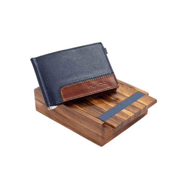 Dunbar Leather Clip Wallet - Blue with Brown Color